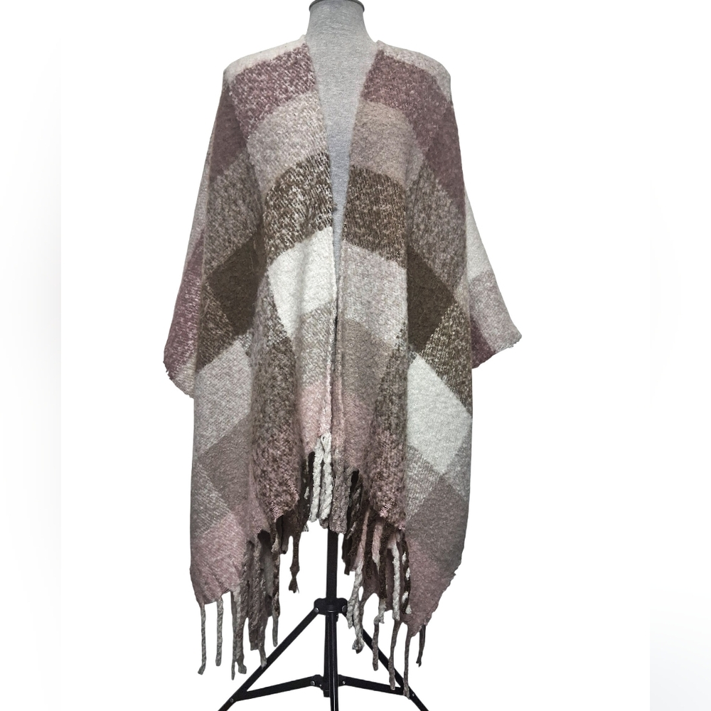 Joe Fresh Plaid Fringe Poncho Shawl Wrap – One Size